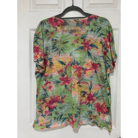 Breckenridge Green Tropical Floral Short Sleeve Womens Top Blouse 1X Plus - Picture 4 of 4